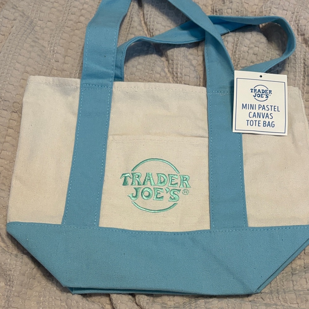 zipper added TJs Mini Pastel Canvas Tote Bag in Light Blue and Cream with zipper